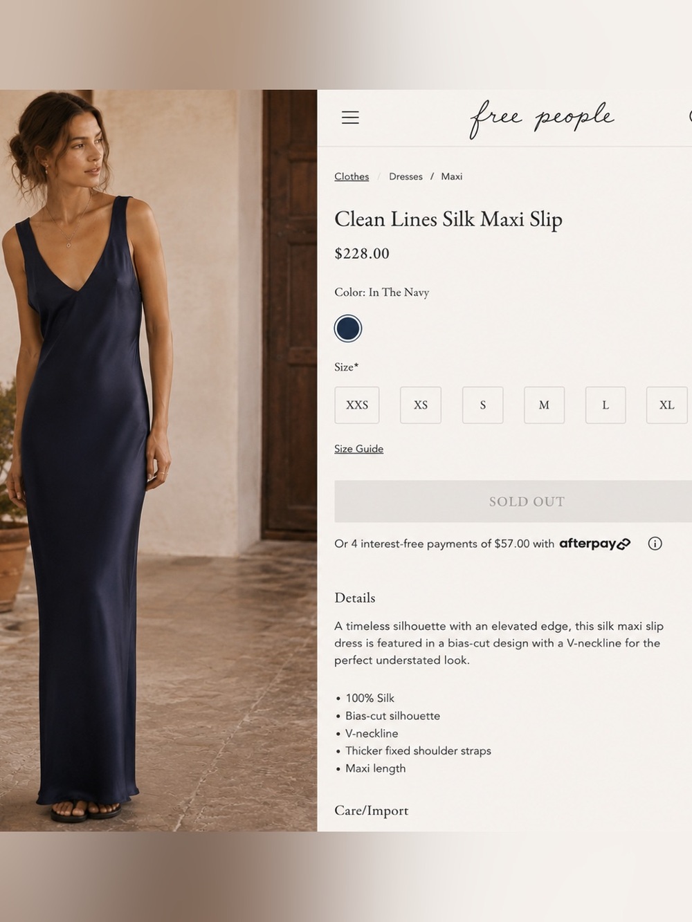 Free People Navy Silk Bias-Cut Maxi Slip Dress